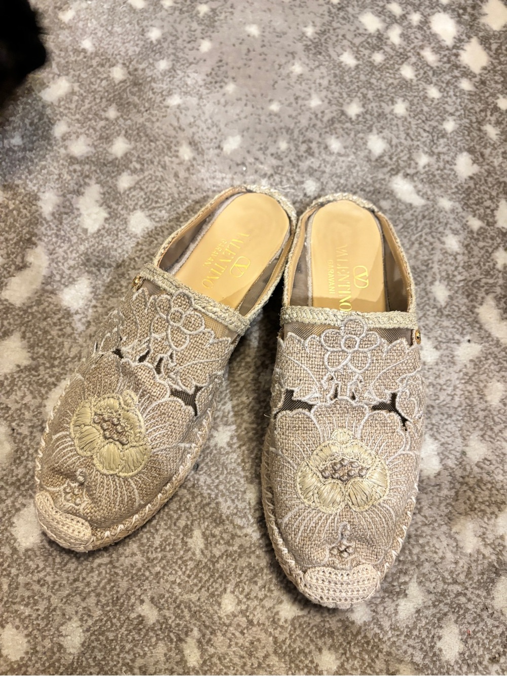 Valentino Garavani Crochet Floral Slip-On Mules in Beige and Cream